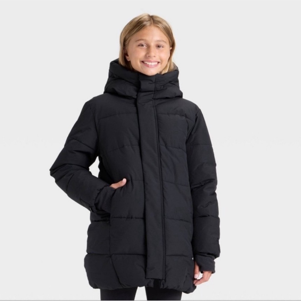 All In Motion Girls Hooded Mid-Length Puffer Jacket - Black Large (10/12) NWOT